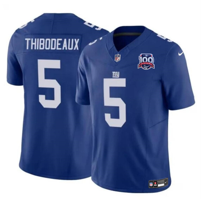 Men's New York Giants #5 Kayvon Thibodeaux Blue 2024 F.U.S.E. 100TH Season Patch Vapor Untouchable Limited Football Stitched Jersey